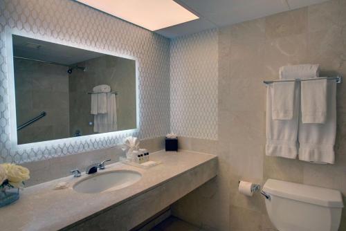 ein Badezimmer mit einem Waschbecken, einem WC und einem Spiegel in der Unterkunft The Roslyn, Tapestry Collection by Hilton in Roslyn