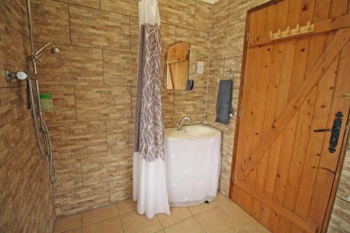 a bathroom with a shower and a sink and a door at Hamlet retreat in Ladignac-le-Long