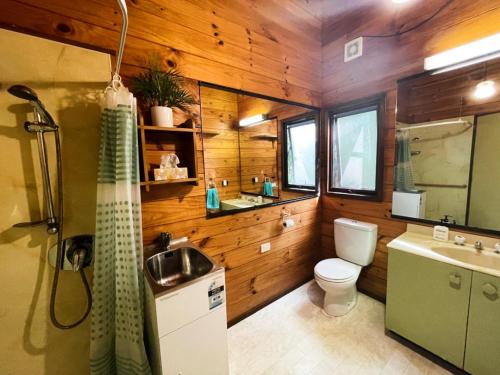 uma casa de banho com um WC, um lavatório e um chuveiro em Hekerua Bay Views Oneroa - Waiheke Escapes em Oneroa