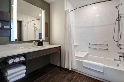 a bathroom with a tub and a sink and a shower at Hilton Garden Inn Kalamazoo Downtown in Kalamazoo