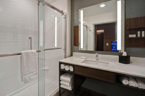 a bathroom with a sink and a shower with a mirror at Hilton Garden Inn Kalamazoo Downtown in Kalamazoo