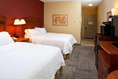 a hotel room with two beds and a television at Hampton Inn Kansas City Northeast in Kansas City