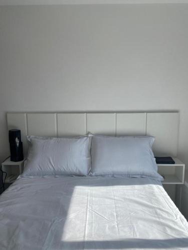 a bed with a white headboard and two pillows at Studio em São Paulo 15 min do aeroporto in Sao Paulo