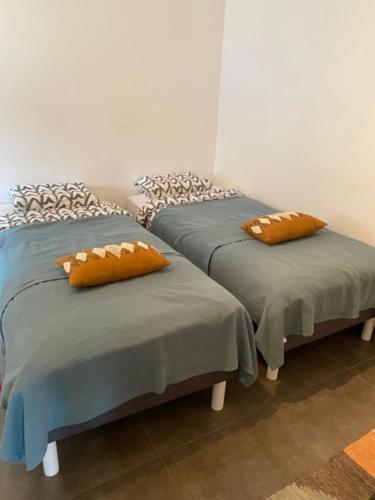 twee bedden naast elkaar in een kamer bij Gîte Chez Aude in Florenville