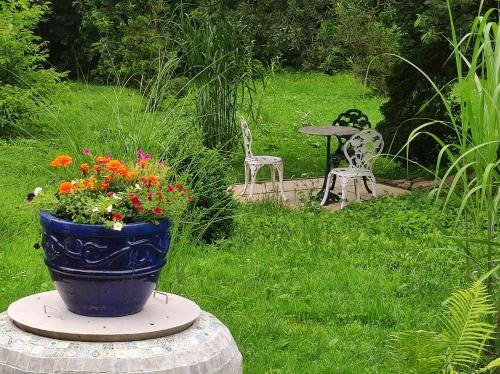 a pot of flowers sitting on a table in a garden at Agroturystyka Klimat in Bircza