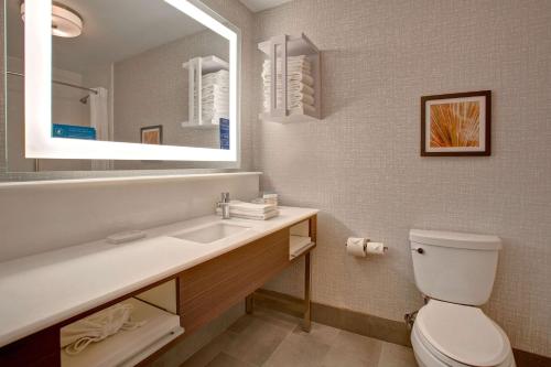 a bathroom with a toilet and a sink and a mirror at Hampton Inn & Suites Borger in Borger