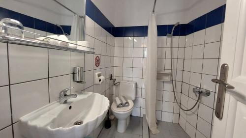 a bathroom with a sink and a toilet and a shower at Olympic Villas in Oia