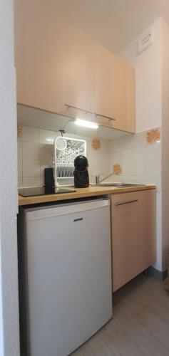 Il comprend une petite cuisine équipée d'un évier et d'un lave-vaisselle. dans l'établissement Havre de paix à 2 pas de l'eau, autonomie, à Saint-Mandrier-sur-Mer