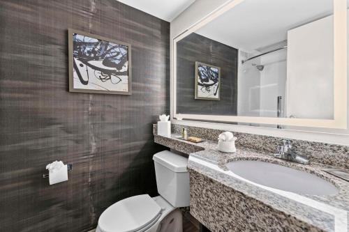 a bathroom with a sink and a toilet and a mirror at DoubleTree by Hilton Raleigh Midtown, NC in Raleigh