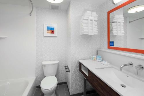 ein Badezimmer mit einem WC, einem Waschbecken und einem Spiegel in der Unterkunft Hampton Inn Smithfield Selma, NC in Smithfield