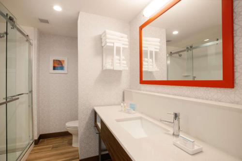 a bathroom with a sink and a mirror and a toilet at Hampton Inn & Suites North Port, Fl in North Port