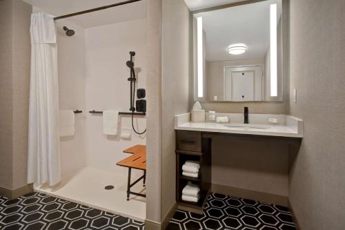 Homewood Suites by Hilton Tuscaloosa Downtown, AL في توسكالوسا: حمام مع حوض ومرآة كبيرة