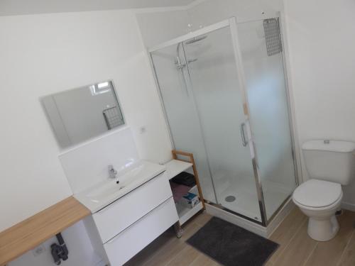 a bathroom with a shower and a sink and a toilet at Miss Tine 