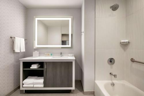 a bathroom with a sink and a mirror and a tub at Embassy Suites by Hilton Atlanta Midtown in Atlanta