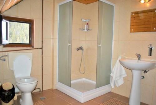 uma casa de banho com um chuveiro, um WC e um lavatório. em Vila Artemis em Rausor
