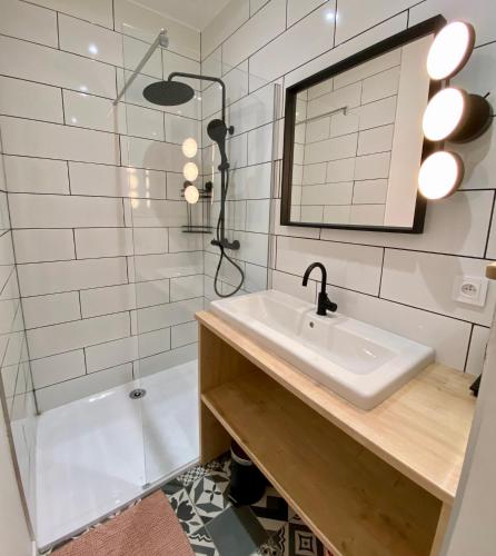 une salle de bain avec un lavabo, une douche et un miroir dans l'établissement Le Voilier Ensoleillé - Proximité plage & gare - Confort & tranquillit, à Dieppe