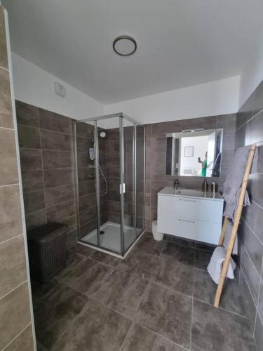 une salle de bain avec douche et lavabo dans l'établissement Appartement terrasse spacieuse, vue mer & clim, à Ajaccio