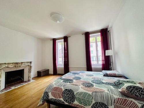 um quarto com uma cama e uma lareira em Spacieux et Lumineux em Saint-Claude