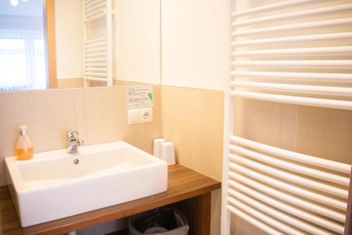 a bathroom with a white sink and a mirror at Garni Apparthotel St Valentin in San Valentino alla Muta