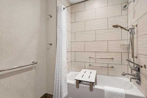 Embassy Suites by Hilton Round Rock في راوند روك: حمام مع حوض استحمام أبيض ودش