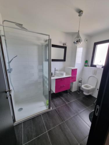 une salle de bain avec une douche, un lavabo et des toilettes dans l'établissement Joli T2 dans résidence avec parking, à Biguglia