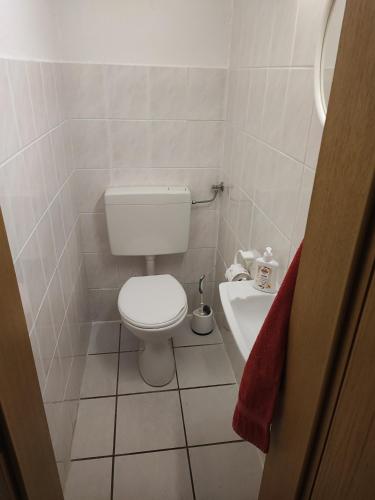 a small bathroom with a toilet and a sink at Gästehaus Nachtigall 2 in Gädheim