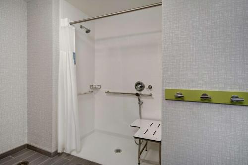 a white bathroom with a shower and a sink at Hampton Inn & Suites Sunnyvale-Silicon Valley, Ca in Sunnyvale
