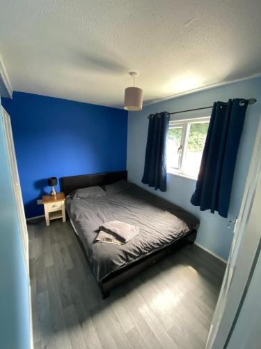 a bedroom with a bed with blue walls and a window at Stunning 3 Bed Riverside Cabin in Snowdonia in Caeathro