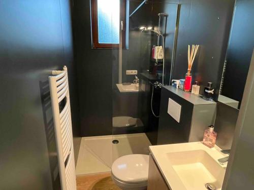 La salle de bains est pourvue de toilettes blanches et d'un lavabo. dans l'établissement Appartement situé dans la nature des Hautes-Fagnes, à Waimes