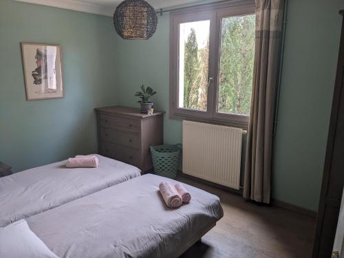 une chambre avec deux lits et une fenêtre dans l'établissement Gîte Botanica, à Gignac