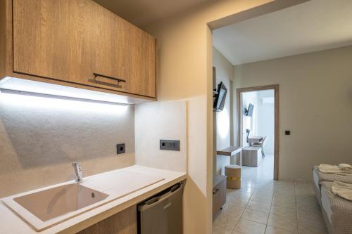 uma cozinha com um lavatório e uma bancada em Hera Zakynthos Hotel em Laganas