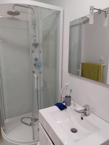 ein weißes Bad mit einem Waschbecken und einer Dusche in der Unterkunft Chambre près de l'étang de thau in Mèze