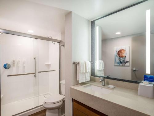 een badkamer met een toilet, een douche en een wastafel bij Homewood Suites By Hilton Toledo Downtown in Toledo