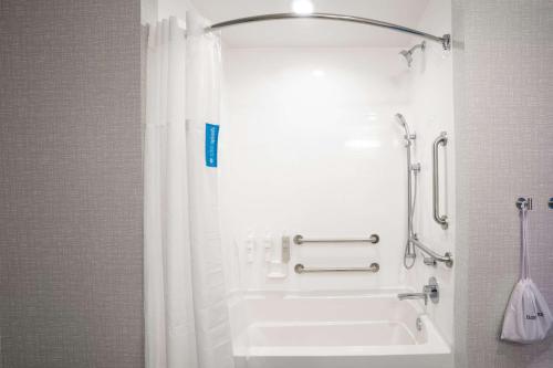 a bathroom with a tub and a shower with a shower curtain at Hampton Inn By Hilton Huntley Chicago in Huntley