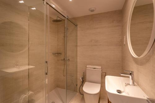 a bathroom with a shower and a toilet and a sink at Apartamentos&Spa Mundakaport in Mundaka
