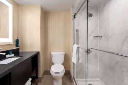 潘特克莱尔Doubletree By Hilton Pointe Claire Montreal Airport West的带马桶和玻璃淋浴间的浴室