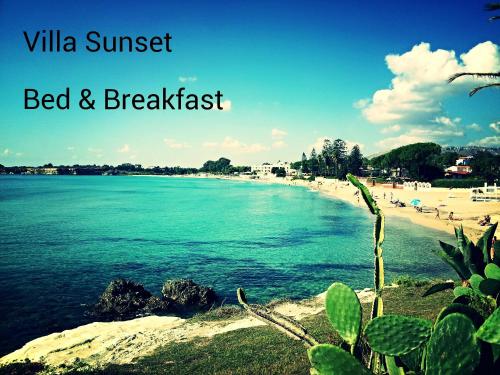a view of a beach with the words villa sunset bed and breakfast at Villa Sunset B&B/Apartments in Fontane Bianche