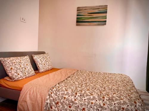 1 dormitorio con 1 cama con 2 almohadas y una pintura en Chambre privée, en Roubaix
