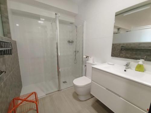 a bathroom with a shower and a toilet and a sink at Apartamento full equip. in Bilbao