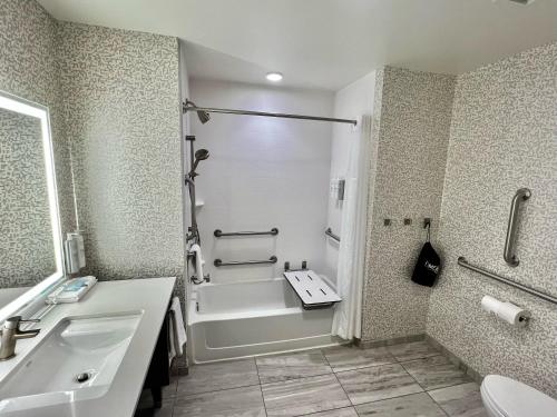 a bathroom with a shower and a tub and a sink at Home2 Suites By Hilton Alamogordo White Sands in Alamogordo