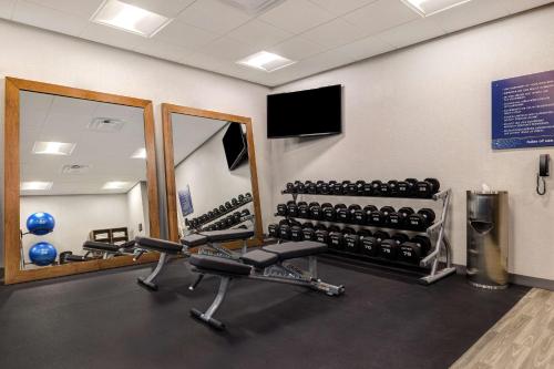 a gym with dumbbells and a wall of mirrors at Hampton Inn & Suites Marina in Marina