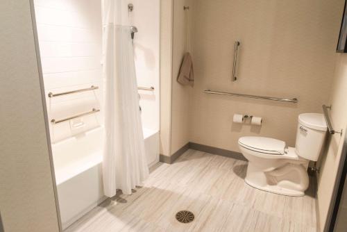 a bathroom with a white toilet and a shower at Hilton Garden Inn Mattoon, IL in Mattoon
