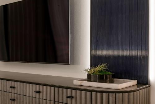 a tv on top of a cabinet with a plant on it at The Morrow Washington Dc, Curio Collection By Hilton in Washington
