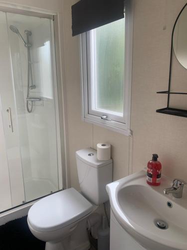 a bathroom with a toilet and a sink and a window at 136, Port Haverigg in Millom