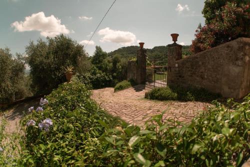 un jardin avec un chemin en pierre et une clôture dans l'établissement Villa Castel del Monte, à Pescia