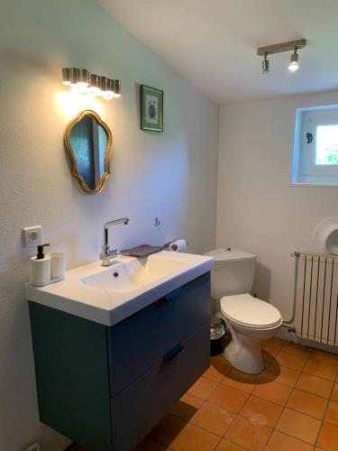 ein Bad mit einem Waschbecken und einem WC in der Unterkunft Guest house avec vue sur 2 hectares in La Sauvetat-du-Dropt