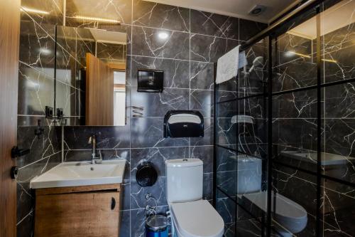 a bathroom with a toilet and a sink at Acar Airport Hotel in Arnavutköy