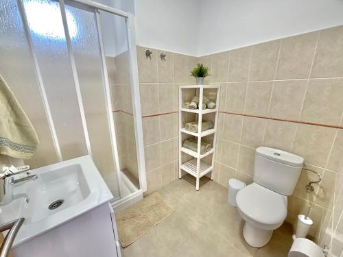a bathroom with a white toilet and a sink at F&M Familiar in La Laguna