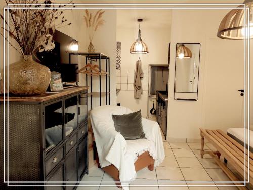 APPART HOTEL Place des Jolis Rêves في Riom-ès-Montagnes: غرفة معيشة مع كرسي وخزانة