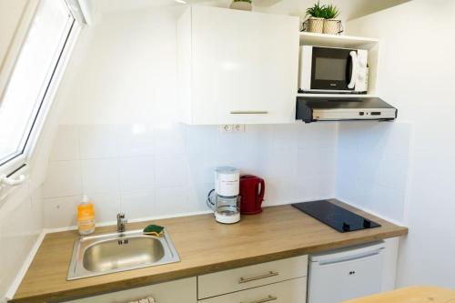 une petite cuisine avec un évier et un micro-ondes dans l'établissement #36 Studio liberté, 5 minutes de la plage/AC, à Nice